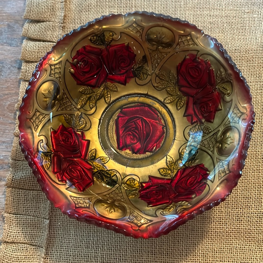 Goofus Glass Bowl with Red Roses